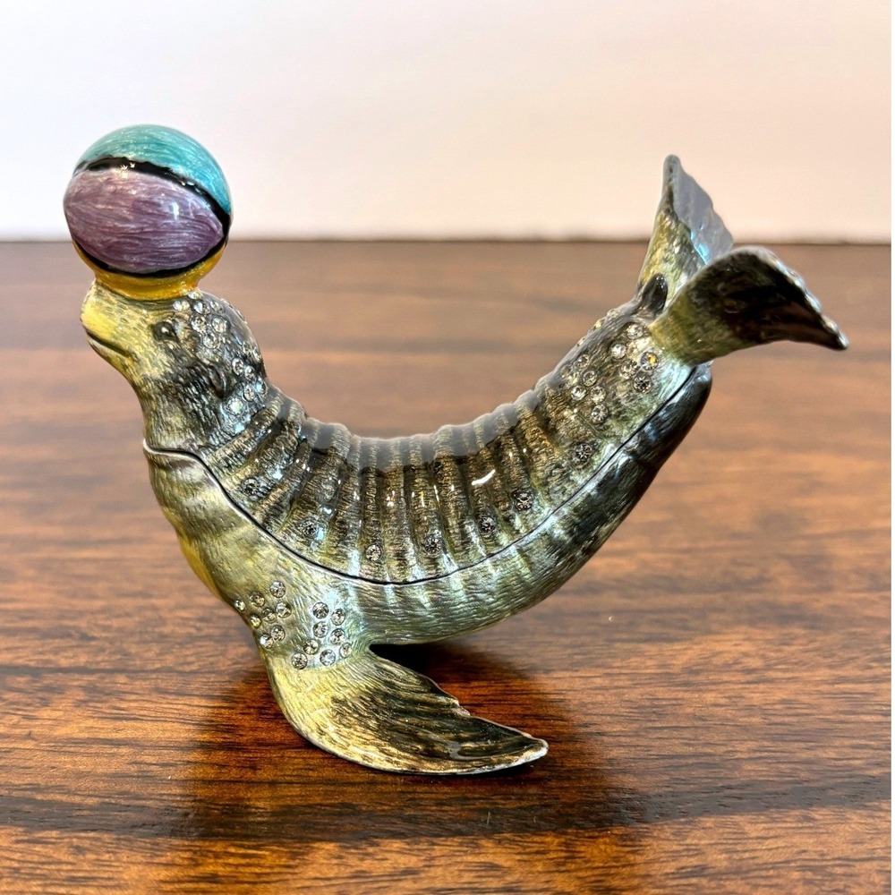 Sea Lion Enameled Trinket Box Beach Ball Nautical Coastal Whimsical Decor